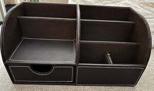 KINGFOM PU Leather Desk Organizer with Drawer and 7 Compartments, Brown